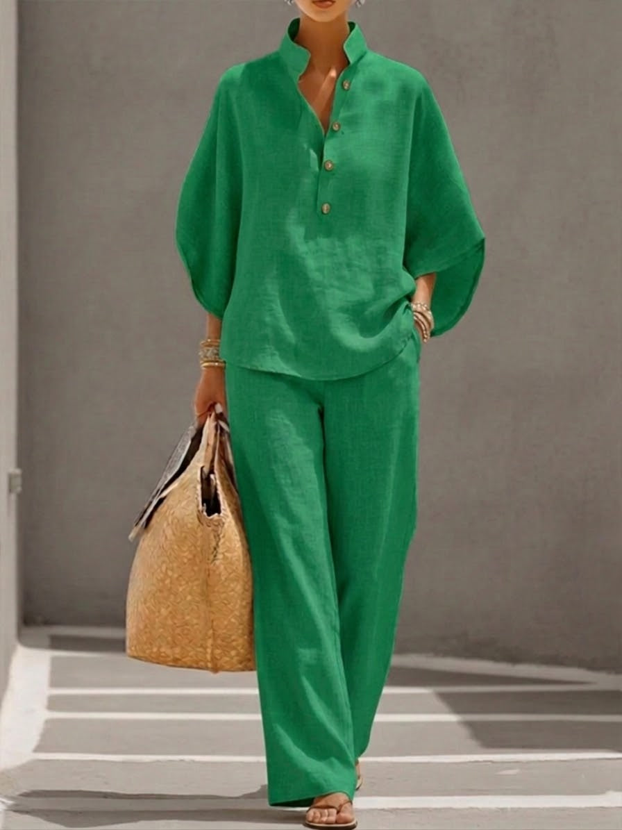 Conjunto de blusa murciélago y pantalones de pierna ancha