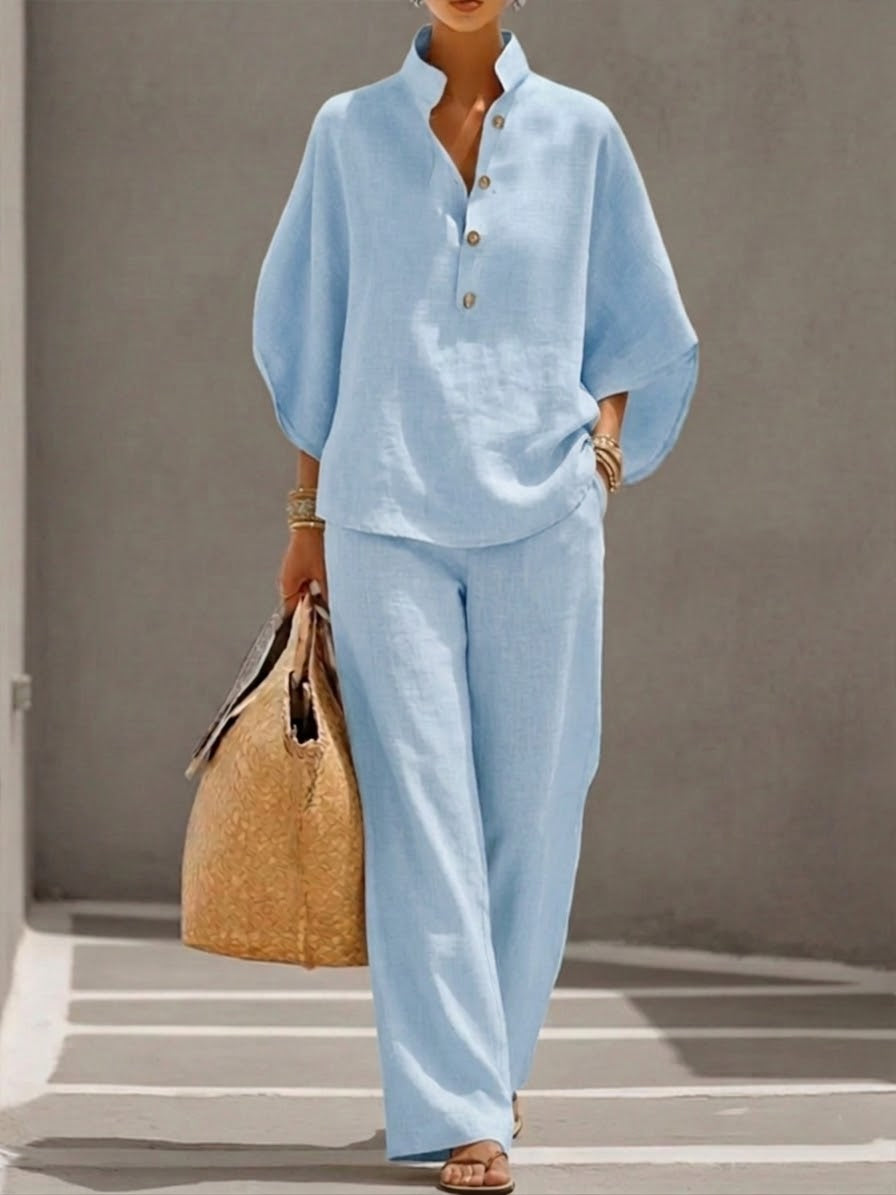 Conjunto de blusa murciélago y pantalones de pierna ancha