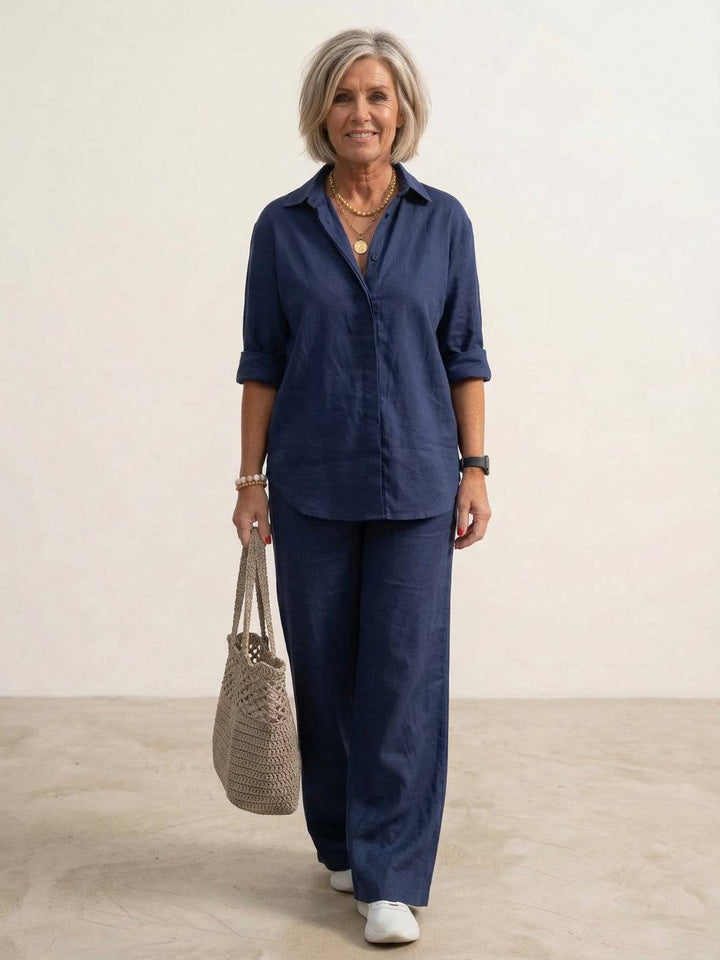 Button-Down Shirt and Wide-Leg Pants Set