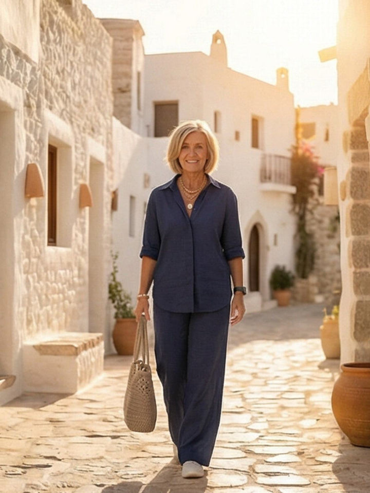 Button-Down Shirt and Wide-Leg Pants Set