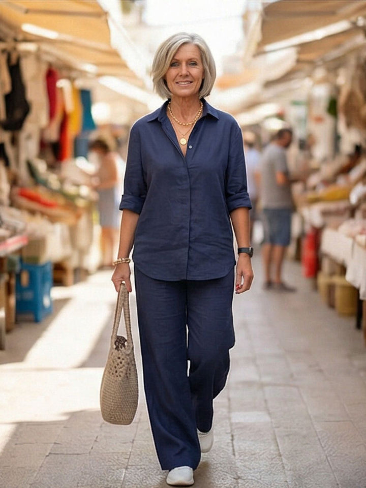 Button-Down Shirt and Wide-Leg Pants Set