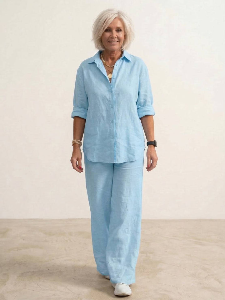 Button-Down Shirt and Wide-Leg Pants Set