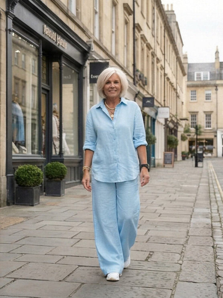 Button-Down Shirt and Wide-Leg Pants Set