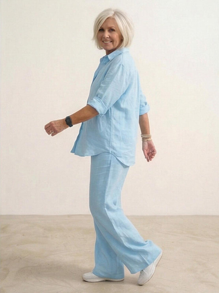Button-Down Shirt and Wide-Leg Pants Set