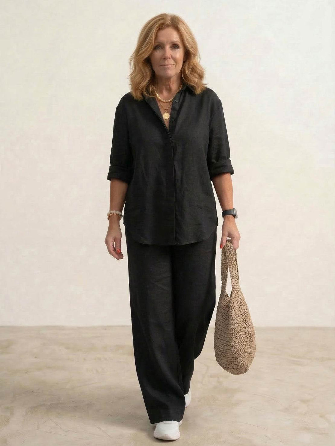 Button-Down Shirt and Wide-Leg Pants Set