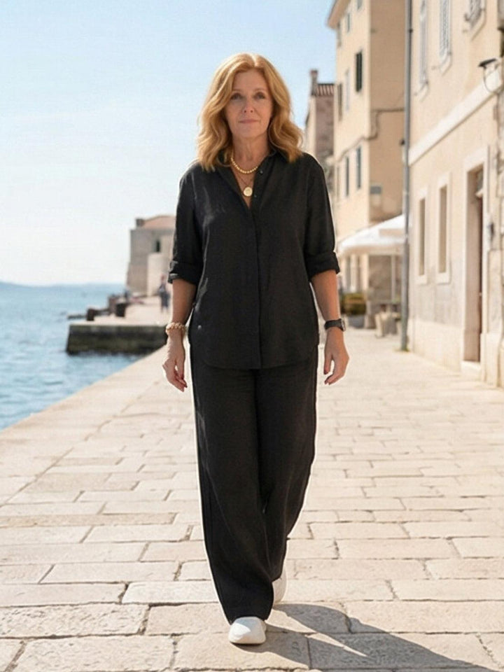Button-Down Shirt and Wide-Leg Pants Set