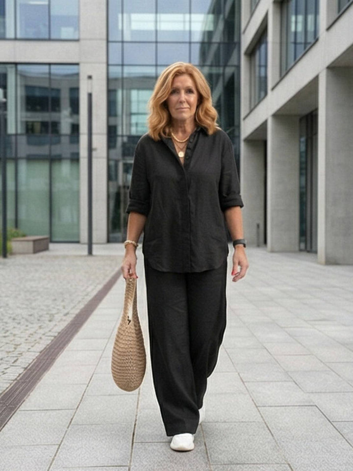 Button-Down Shirt and Wide-Leg Pants Set