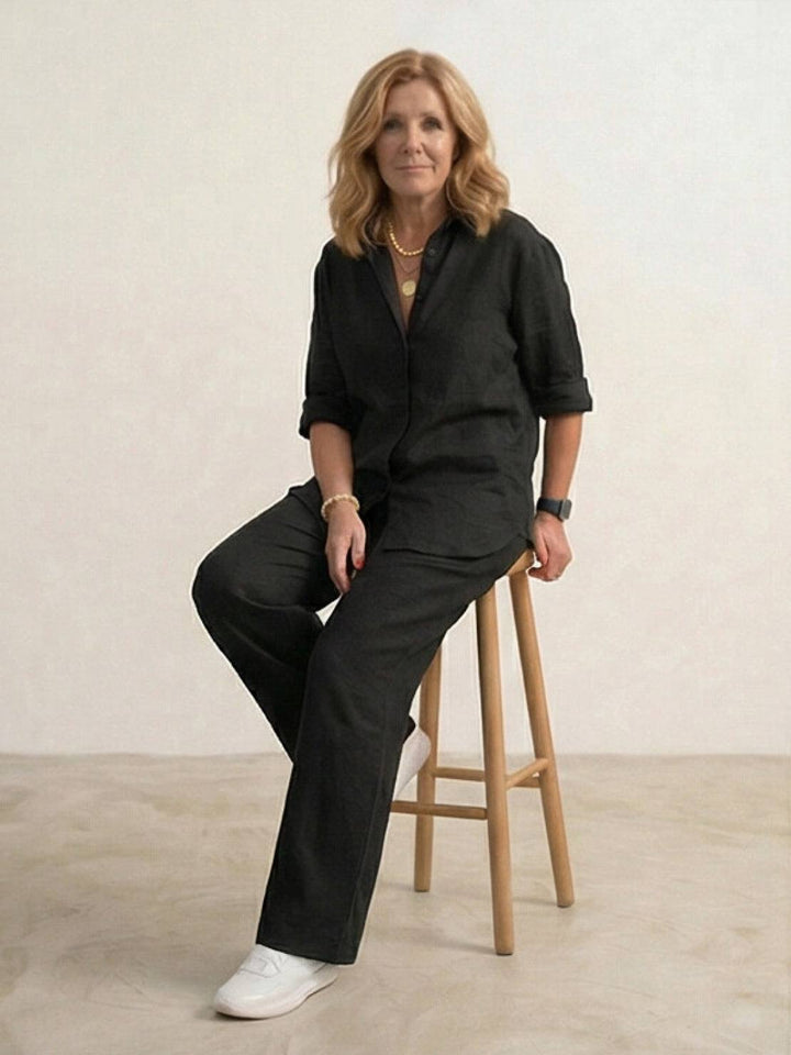 Button-Down Shirt and Wide-Leg Pants Set