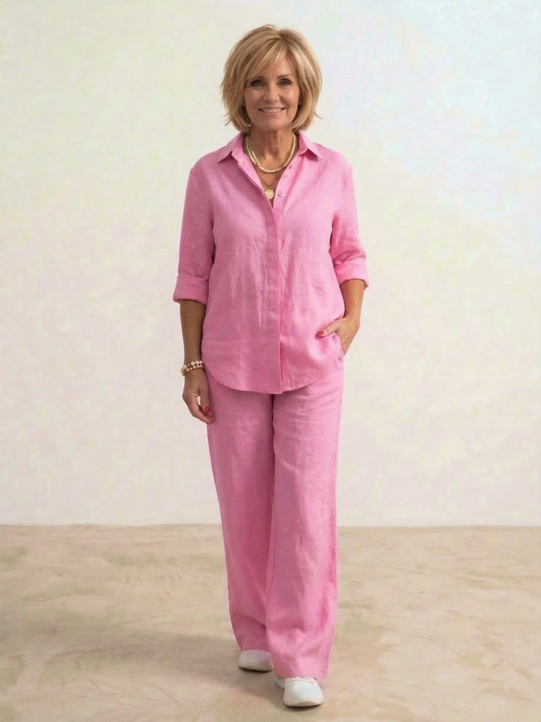 Button-Down Shirt and Wide-Leg Pants Set