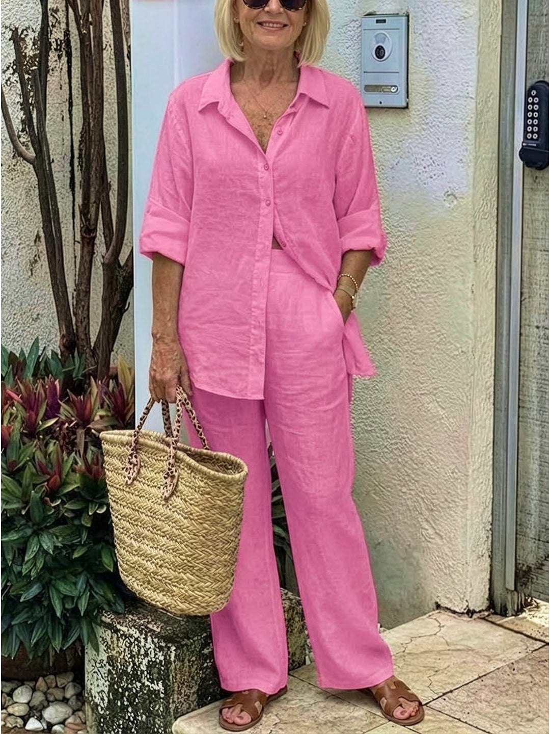 Button-Down Shirt and Wide-Leg Pants Set