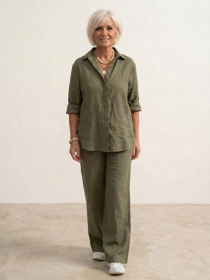 Button-Down Shirt and Wide-Leg Pants Set