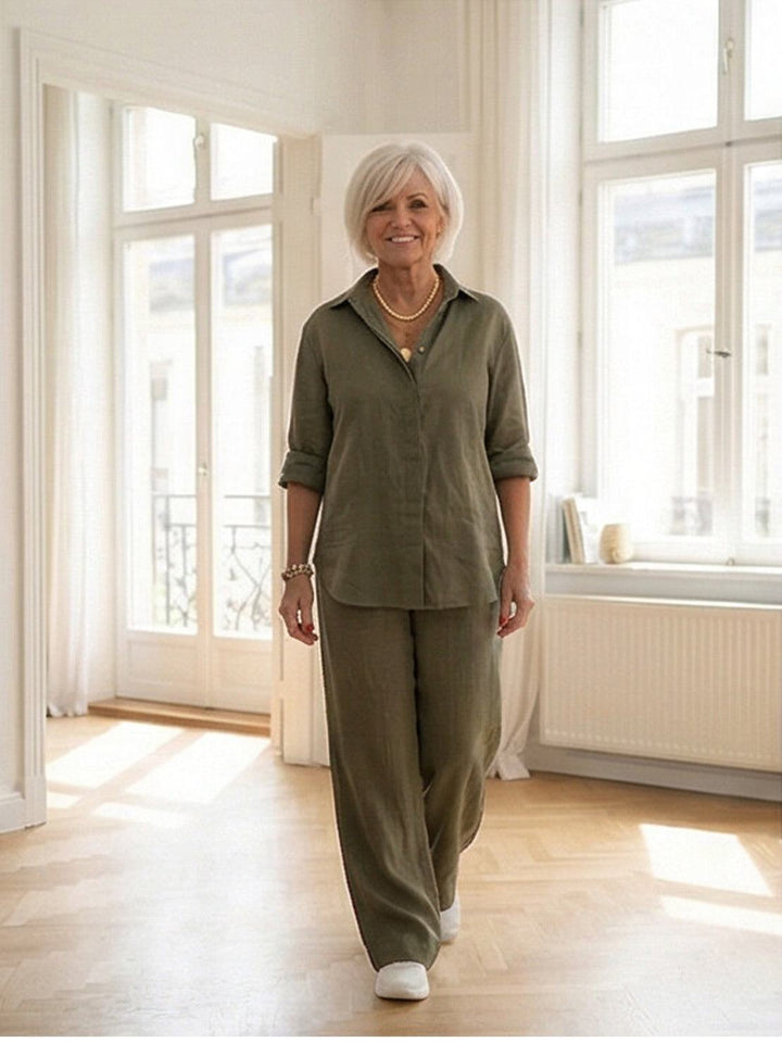 Button-Down Shirt and Wide-Leg Pants Set