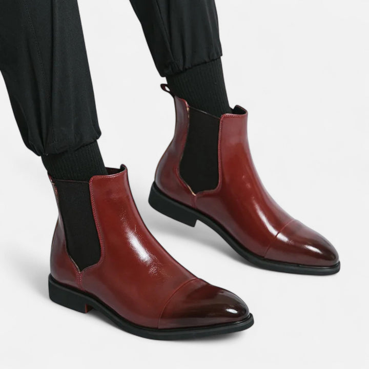Men’s Retro Captivating Stable Chelsea Boots in Polished Black with Red Sole
