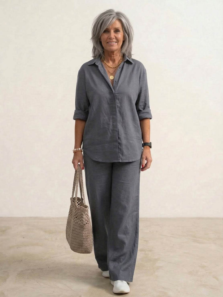 Button-Down Shirt and Wide-Leg Pants Set