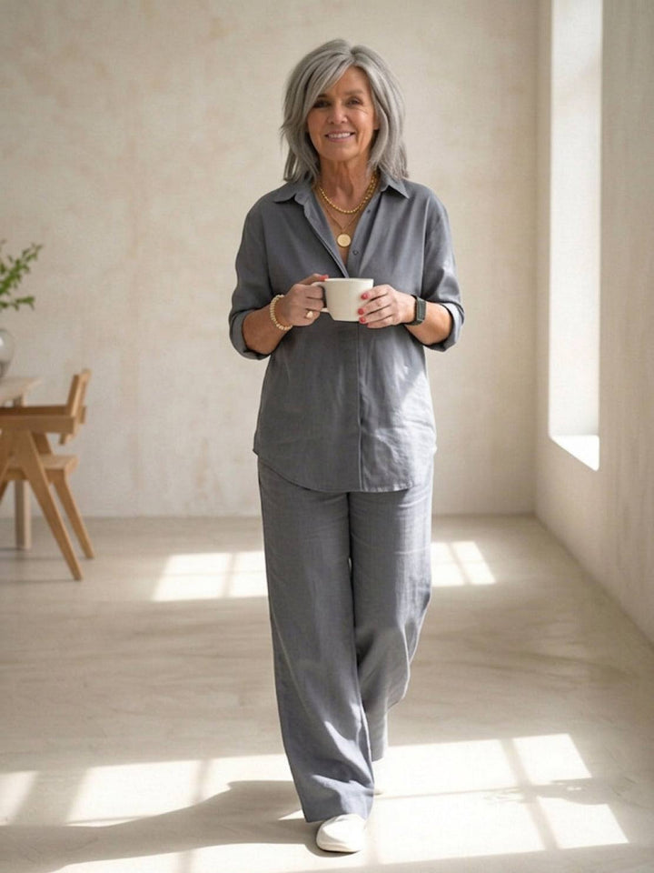 Button-Down Shirt and Wide-Leg Pants Set