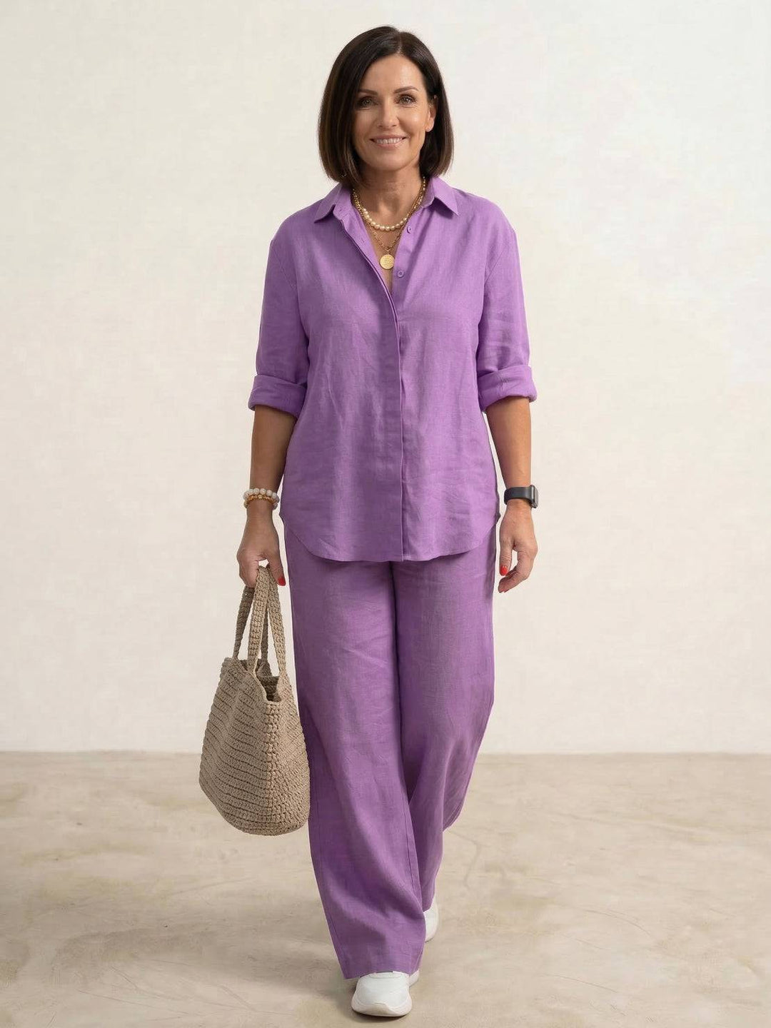 Button-Down Shirt and Wide-Leg Pants Set