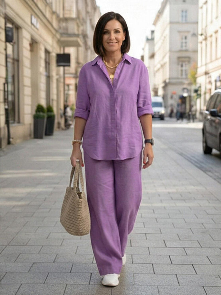 Button-Down Shirt and Wide-Leg Pants Set