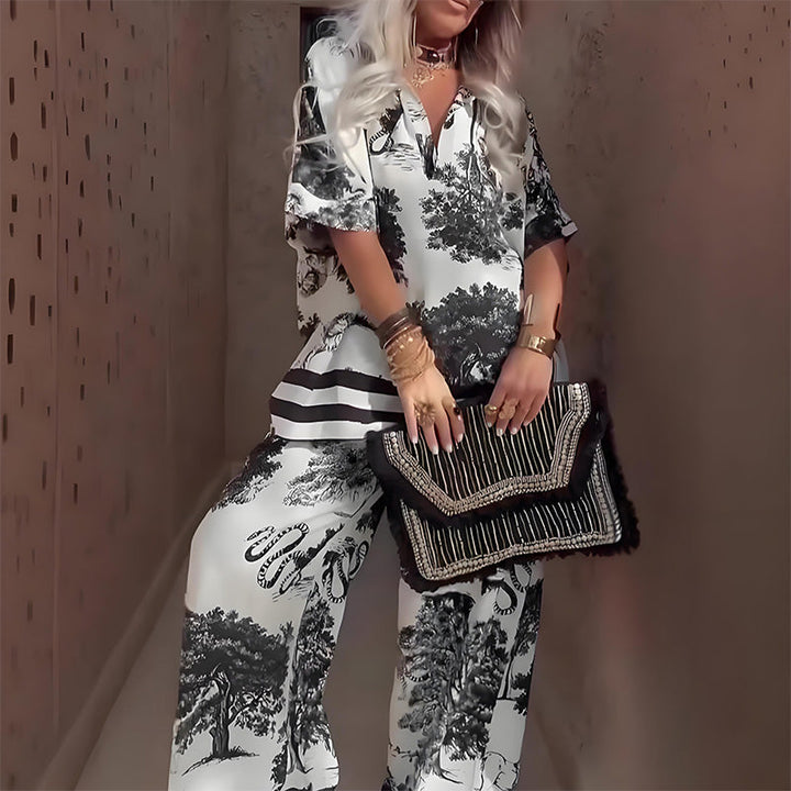 Conjunto de blusa con cuello en V estampada y pantalones