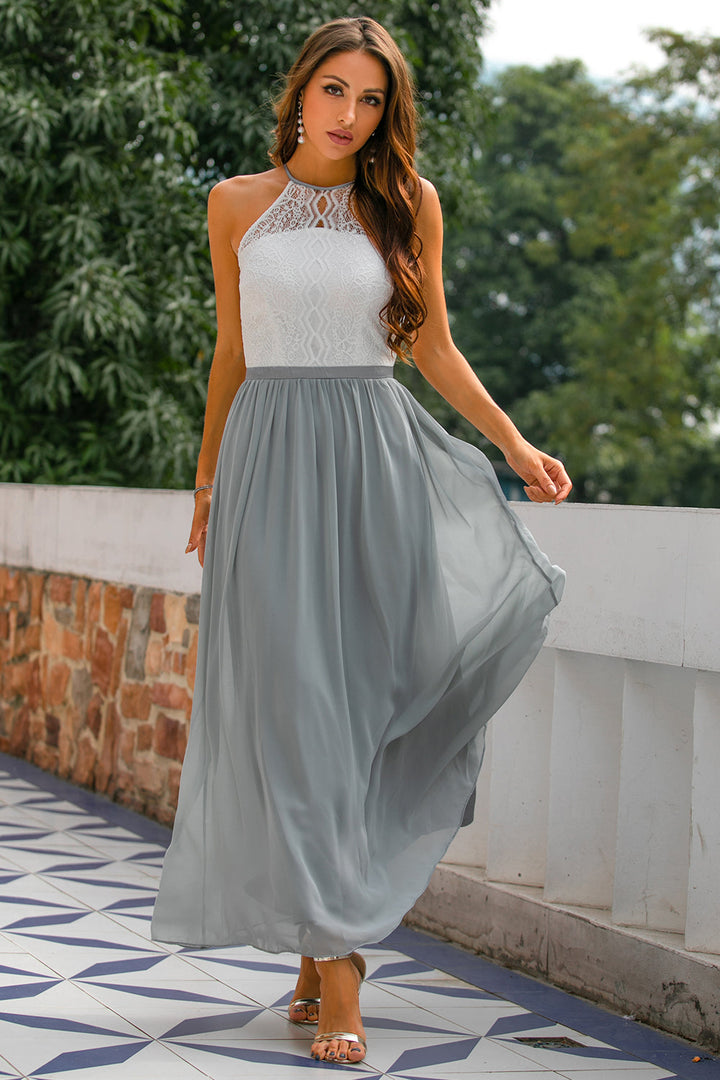 Vestido largo moderno de cuello halter para invitadas a bodas y eventos especiales
