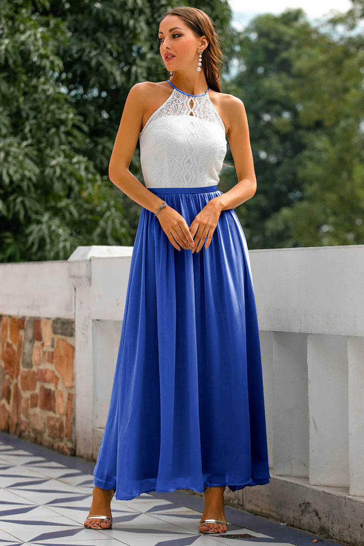 Vestido largo moderno de cuello halter para invitadas a bodas y eventos especiales