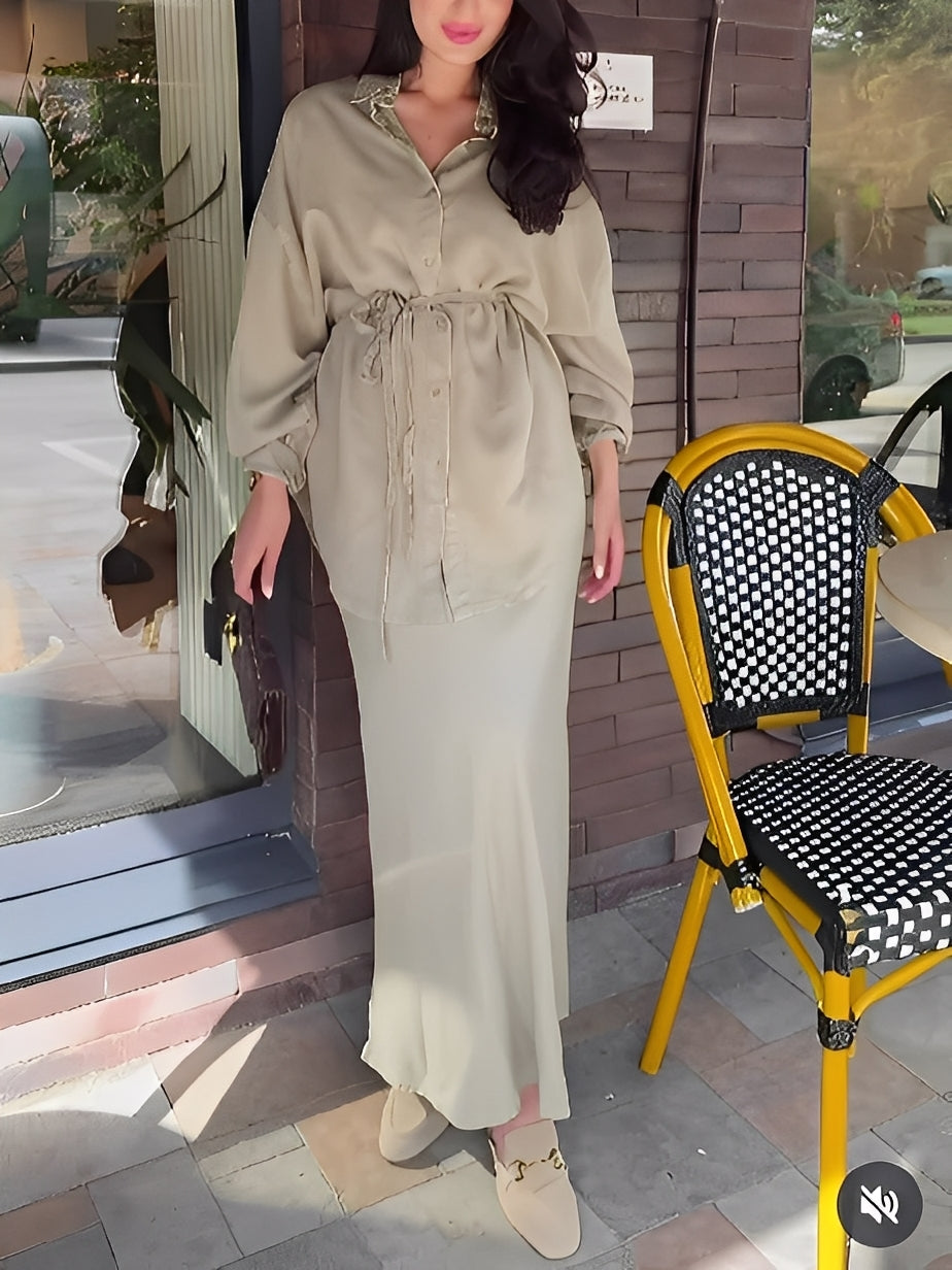 Tie-Drawstring Shirt and Skirt Set